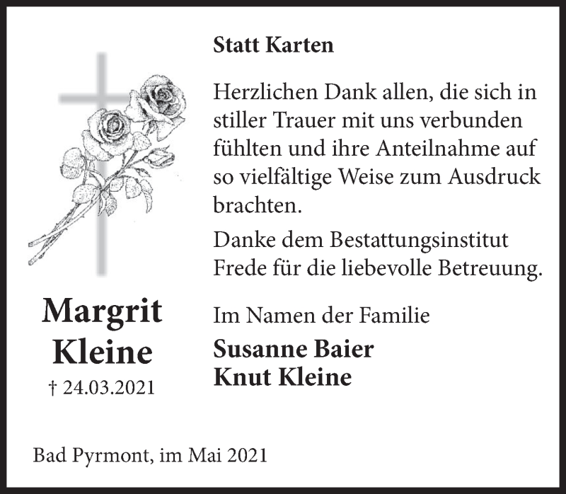  Traueranzeige für Margrit Kleine vom 08.05.2021 aus Deister- und Weserzeitung