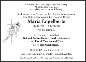 Traueranzeige von Maria Engelberts von Deister- und Weserzeitung