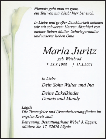 Traueranzeige von Maria Juritz von Deister- und Weserzeitung
