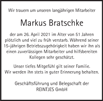 Traueranzeige von Markus Bratschke von Deister- und Weserzeitung
