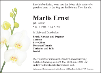 Traueranzeige von Marlis Ernst von Deister- und Weserzeitung