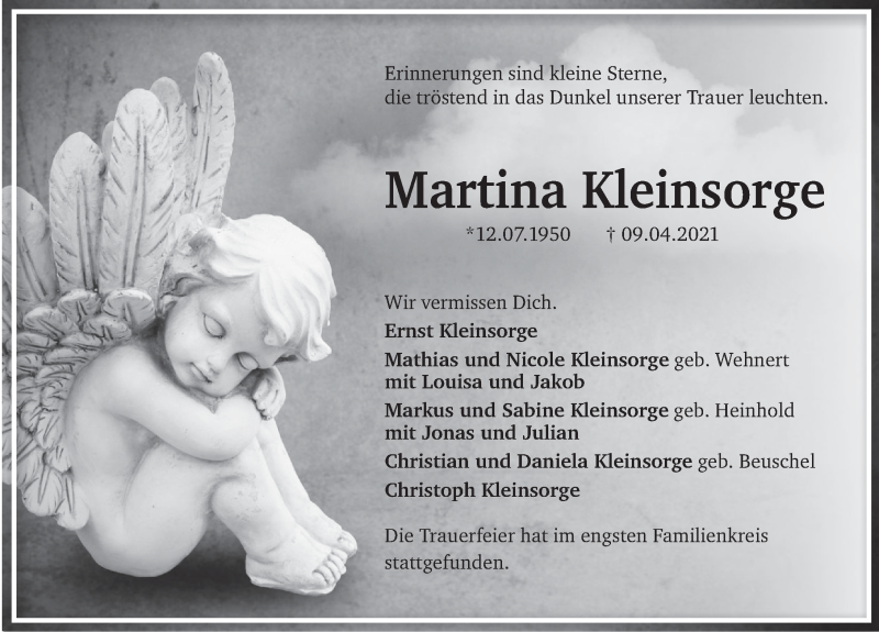  Traueranzeige für Martina Kleinsorge vom 30.04.2021 aus Deister- und Weserzeitung