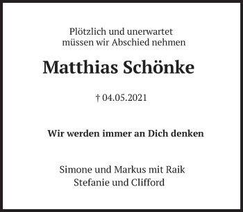 Traueranzeige von Matthias Schänke von Deister- und Weserzeitung