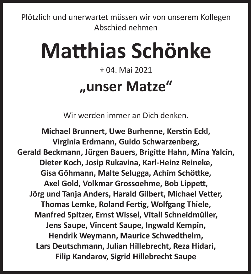  Traueranzeige für Matthias Schönke vom 15.05.2021 aus Deister- und Weserzeitung