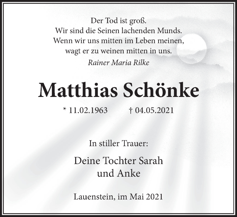  Traueranzeige für Matthias Schönke vom 22.05.2021 aus Deister- und Weserzeitung