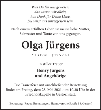 Traueranzeige von Olga Jürgens von Neue Deister-Zeitung