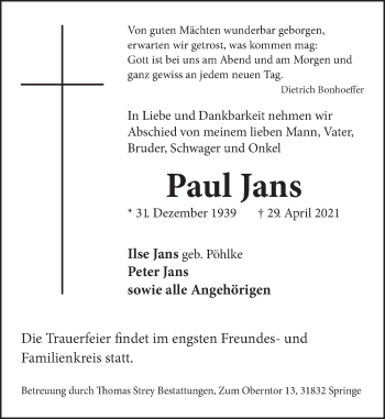 Traueranzeige von Paul Jans von Neue Deister-Zeitung