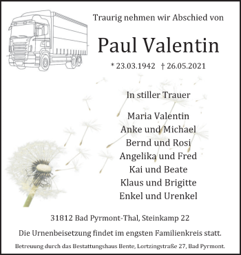Traueranzeige von Paul Valentin von Deister- und Weserzeitung