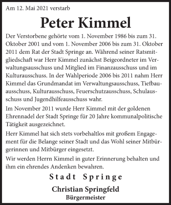 Traueranzeige von Peter Kimmel von Neue Deister-Zeitung
