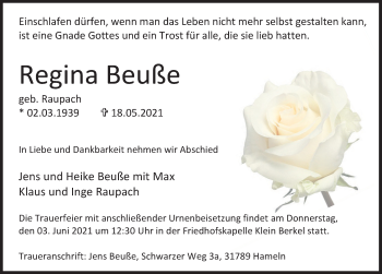 Traueranzeige von Regina Beuße von Deister- und Weserzeitung
