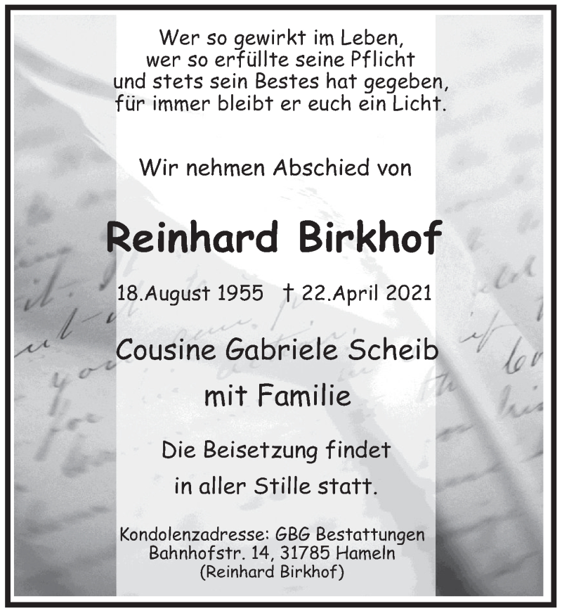  Traueranzeige für Reinhard Birkhof vom 08.05.2021 aus Deister- und Weserzeitung