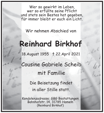 Traueranzeige von Reinhard Birkhof von Deister- und Weserzeitung