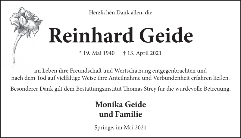  Traueranzeige für Reinhard Geide vom 22.05.2021 aus Neue Deister-Zeitung