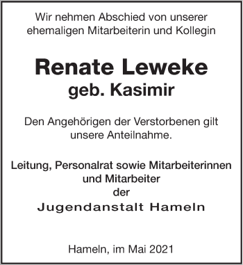 Traueranzeige von Renate Leweke von Deister- und Weserzeitung