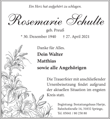 Traueranzeige von Rosemarie Schulte von Neue Deister-Zeitung
