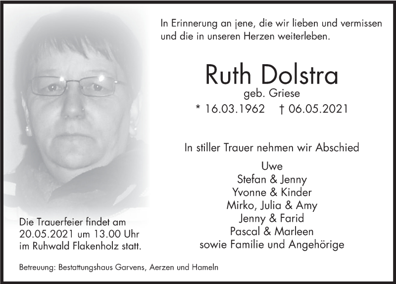  Traueranzeige für Ruth Dolstra vom 15.05.2021 aus Deister- und Weserzeitung