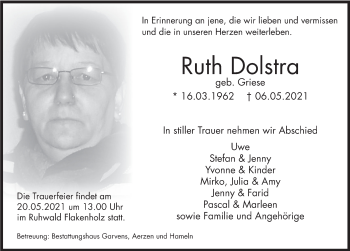 Traueranzeige von Ruth Dolstra von Deister- und Weserzeitung