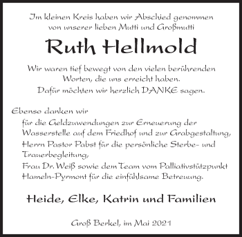 Traueranzeige von Ruth Hellmold von Deister- und Weserzeitung
