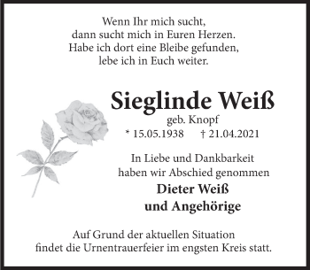 Traueranzeige von Sieglinde Weiß von Deister- und Weserzeitung