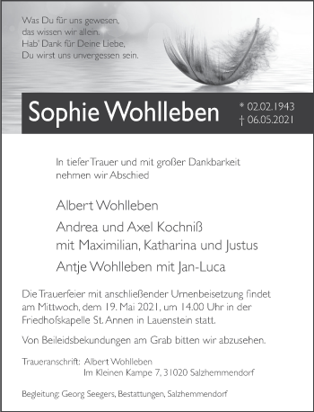 Traueranzeige von Sophie Wohlleben von Deister- und Weserzeitung