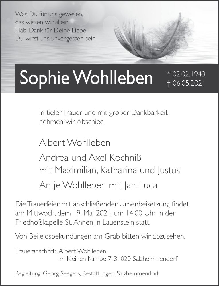  Traueranzeige für Sophie Wohlleben vom 15.05.2021 aus Deister- und Weserzeitung