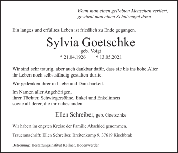 Traueranzeige von Sylvia Goetschke von Deister- und Weserzeitung