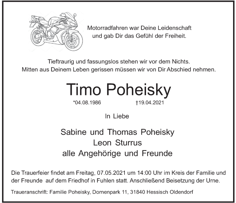  Traueranzeige für Timo Poheisky vom 30.04.2021 aus Deister- und Weserzeitung