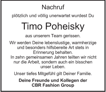 Traueranzeige von Timo Poheisky von Deister- und Weserzeitung