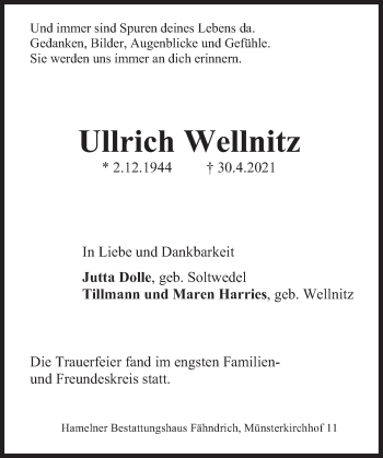 Traueranzeige von Ullrich Wellnitz von Deister- und Weserzeitung
