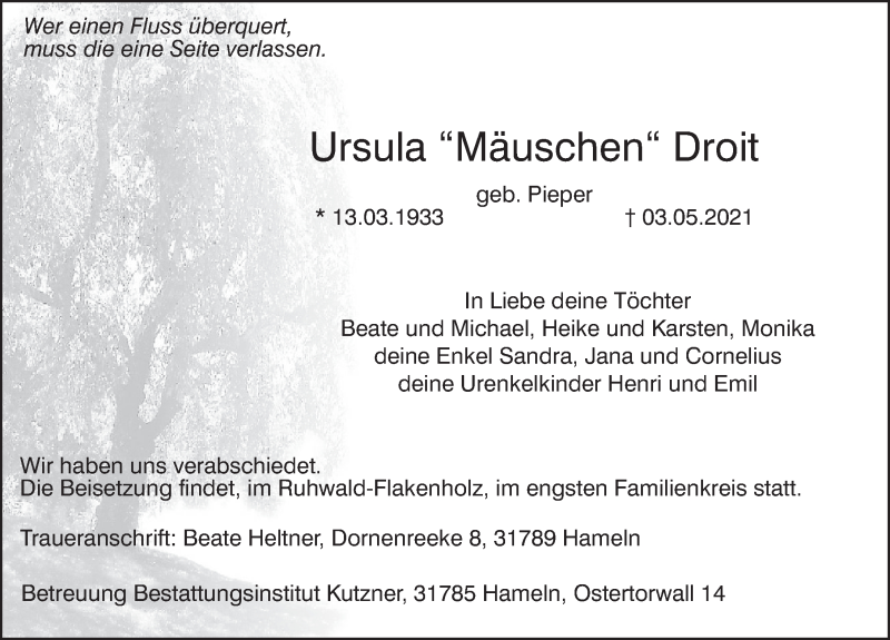  Traueranzeige für Ursula Droit vom 08.05.2021 aus Deister- und Weserzeitung