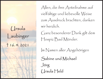 Traueranzeige von Ursula Laubinger von Deister- und Weserzeitung