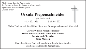 Traueranzeige von Ursula Piepenschneider von Deister- und Weserzeitung