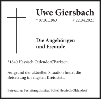 Traueranzeige von Uwe Giersbach von Deister- und Weserzeitung