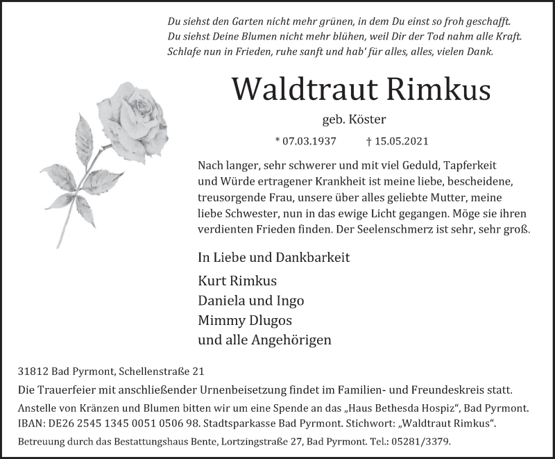  Traueranzeige für Waldtraut Rimkus vom 22.05.2021 aus Deister- und Weserzeitung
