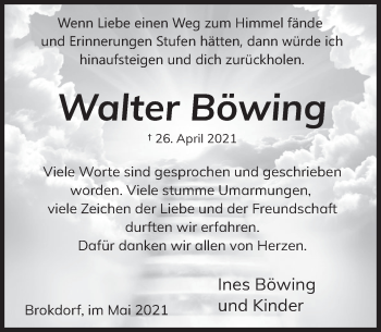 Traueranzeige von Walter Böwing von Deister- und Weserzeitung