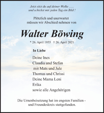 Traueranzeige von Walter Böwing von Deister- und Weserzeitung