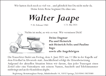 Traueranzeige von Walter Jaape von Neue Deister-Zeitung