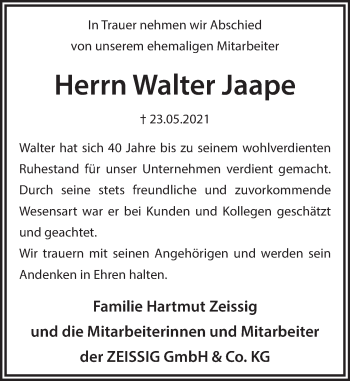 Traueranzeige von Walter Jaape von Neue Deister-Zeitung