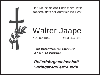 Traueranzeige von Walter Jaape von Neue Deister-Zeitung