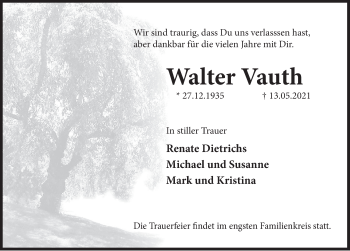 Traueranzeige von Walter Vauth von Deister- und Weserzeitung