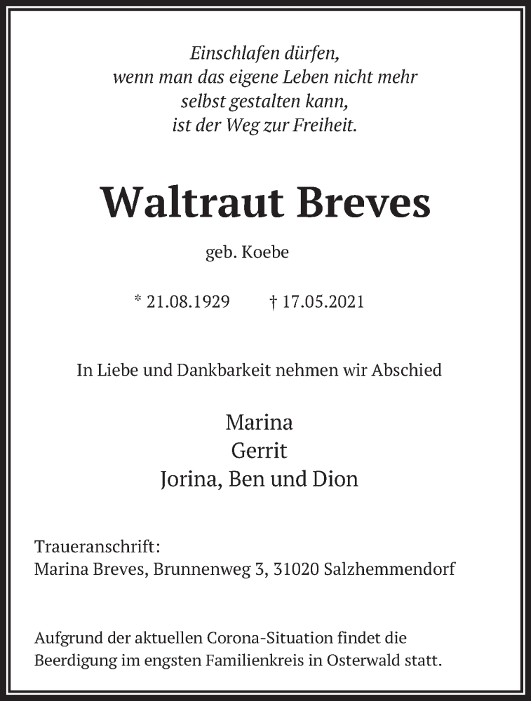  Traueranzeige für Waltraut Breves vom 19.05.2021 aus Deister- und Weserzeitung