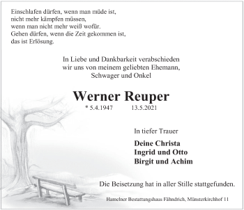 Traueranzeige von Werner Reuper von Deister- und Weserzeitung