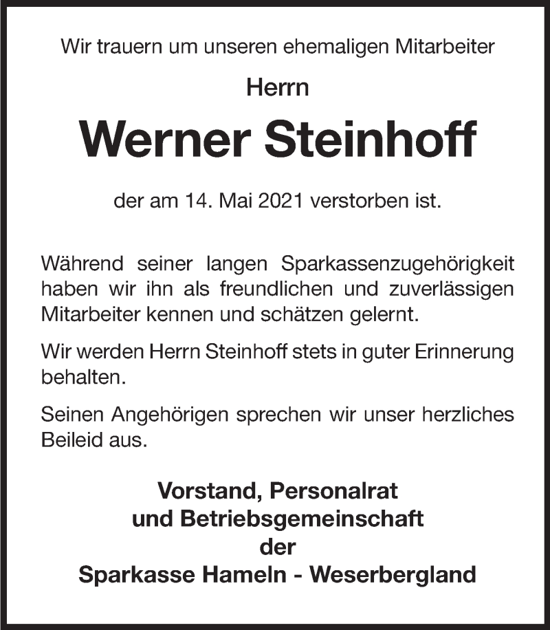  Traueranzeige für Werner Steinhoff vom 22.05.2021 aus Deister- und Weserzeitung