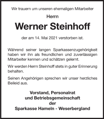 Traueranzeige von Werner Steinhoff von Deister- und Weserzeitung