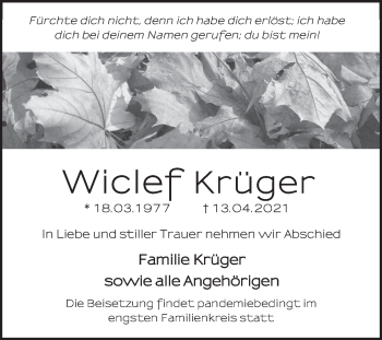Traueranzeige von Wiclef Krüger von Neue Deister-Zeitung