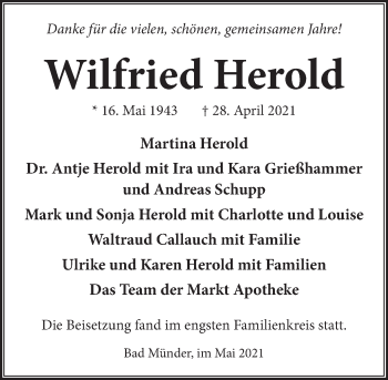 Traueranzeige von Wilfried Herold von Neue Deister-Zeitung