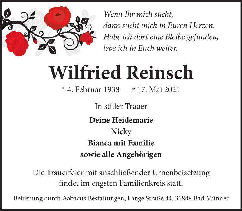 Traueranzeige für Wilfried Reinsch vom 22.05.2021 aus Neue Deister-Zeitung