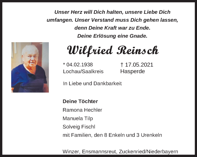  Traueranzeige für Wilfried Reinsch vom 31.05.2021 aus Neue Deister-Zeitung