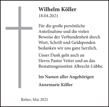 Traueranzeige von Wilhelm  Köller von Deister- und Weserzeitung
