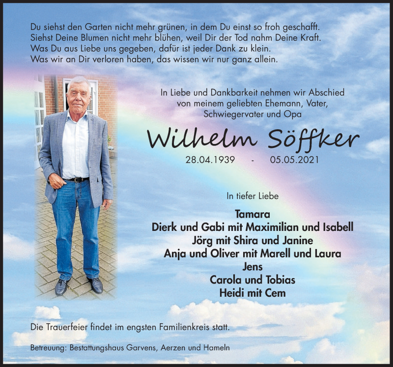  Traueranzeige für Wilhelm Söffker vom 15.05.2021 aus Deister- und Weserzeitung